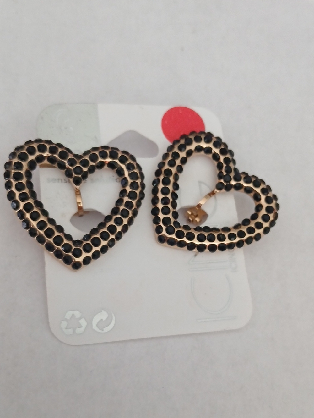 Gold Heart Hoop Earrings with Black Stones- Clip On